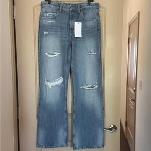 ZARA- Mid Rise (Medium Wash) Destroyed Wide Leg Jeans - Size 8